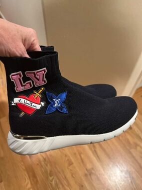 Louis Vuitton Black Knit Sock Sneakers with Pink LV Patch and Blue Flower Emblem